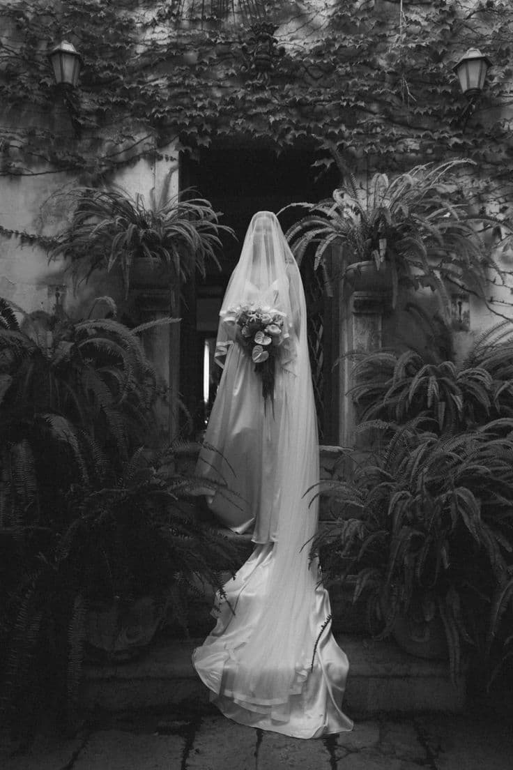 A bride in a long veil standing between ferns in a courtyard