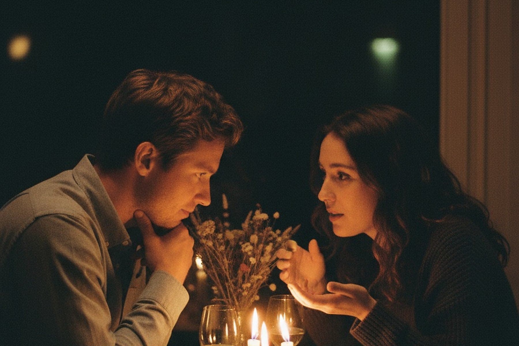A couple across a candlelit table, close together