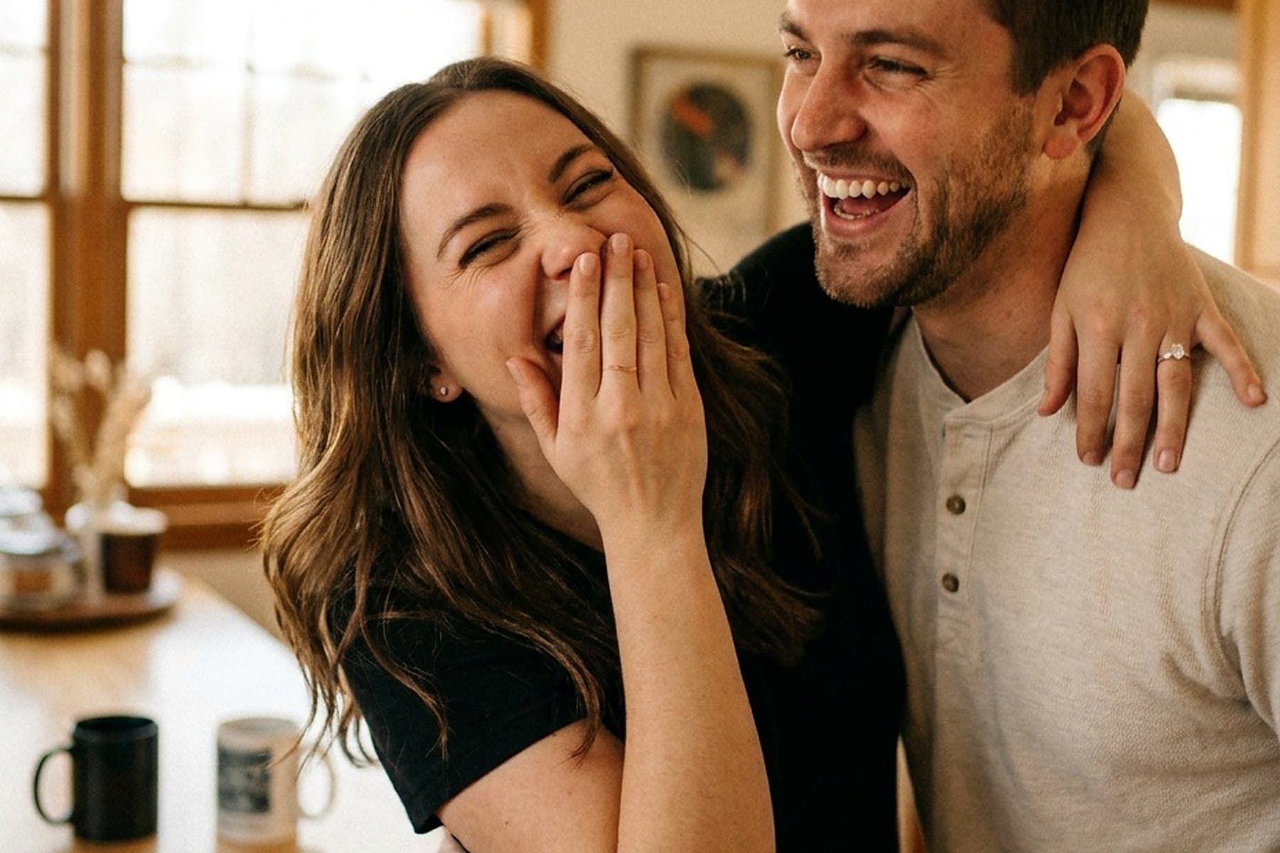A couple laughing together at a kitchen table