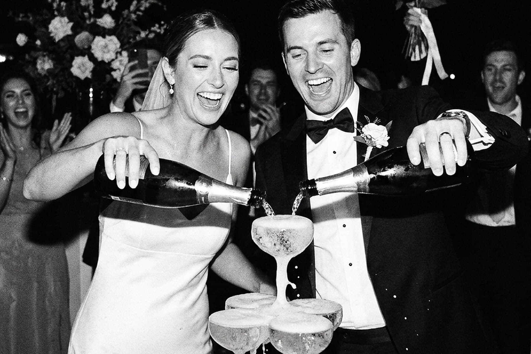 A couple laughing as they pour champagne into a tower of coupes, in black and white
