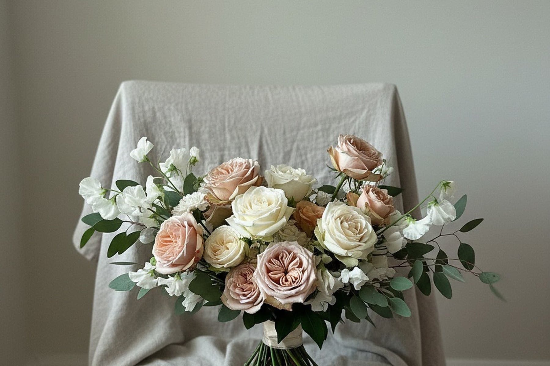 A bridal bouquet of pale roses resting on a draped chair