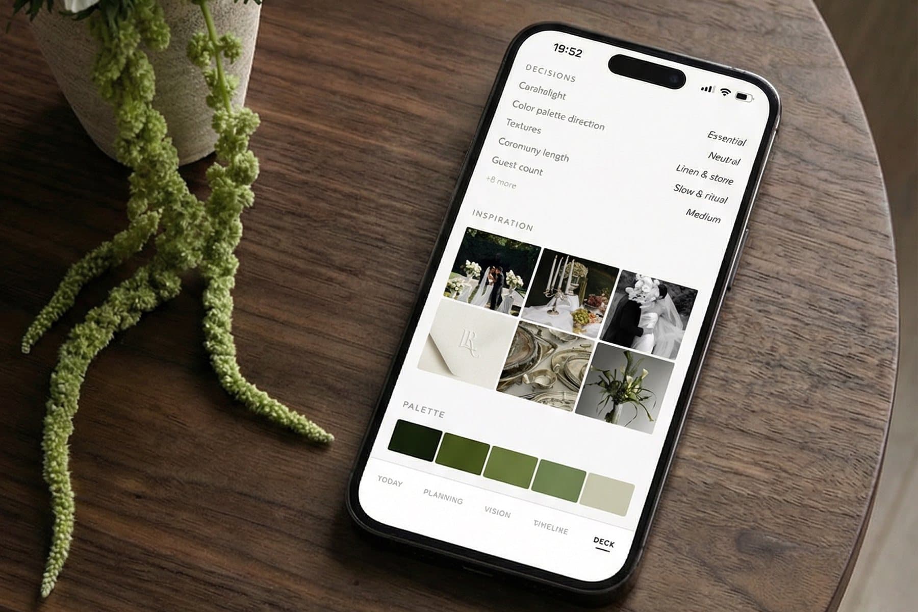 A phone showing a wedding plan on a dark wooden table beside white anemones