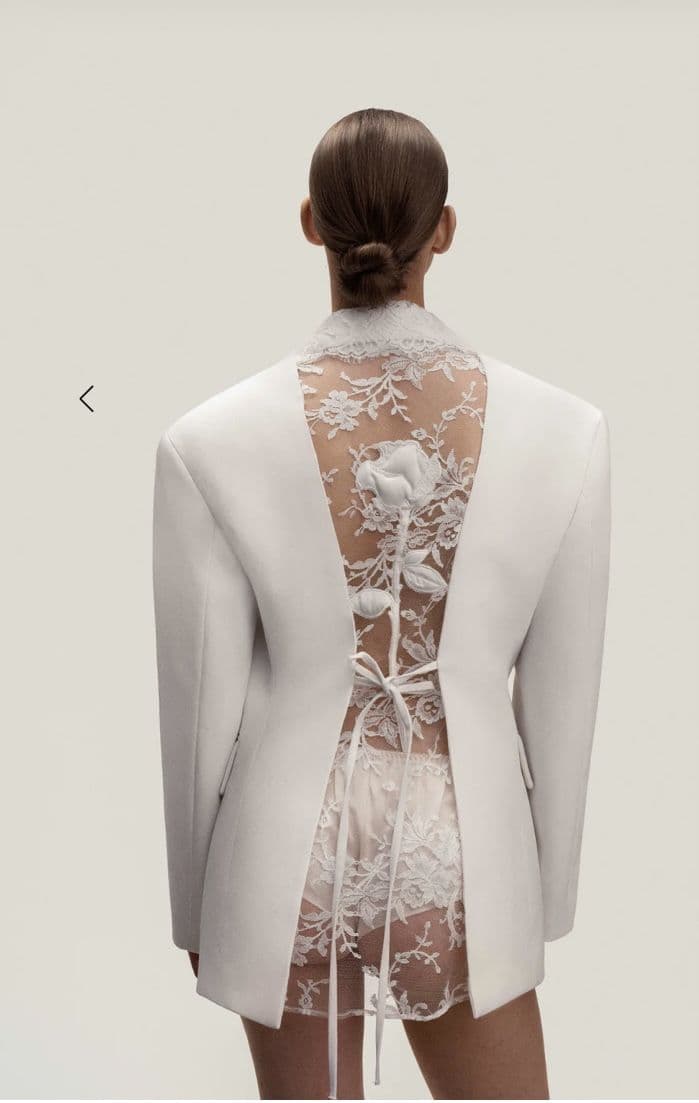 A tailored white jacket with a sheer floral lace back panel