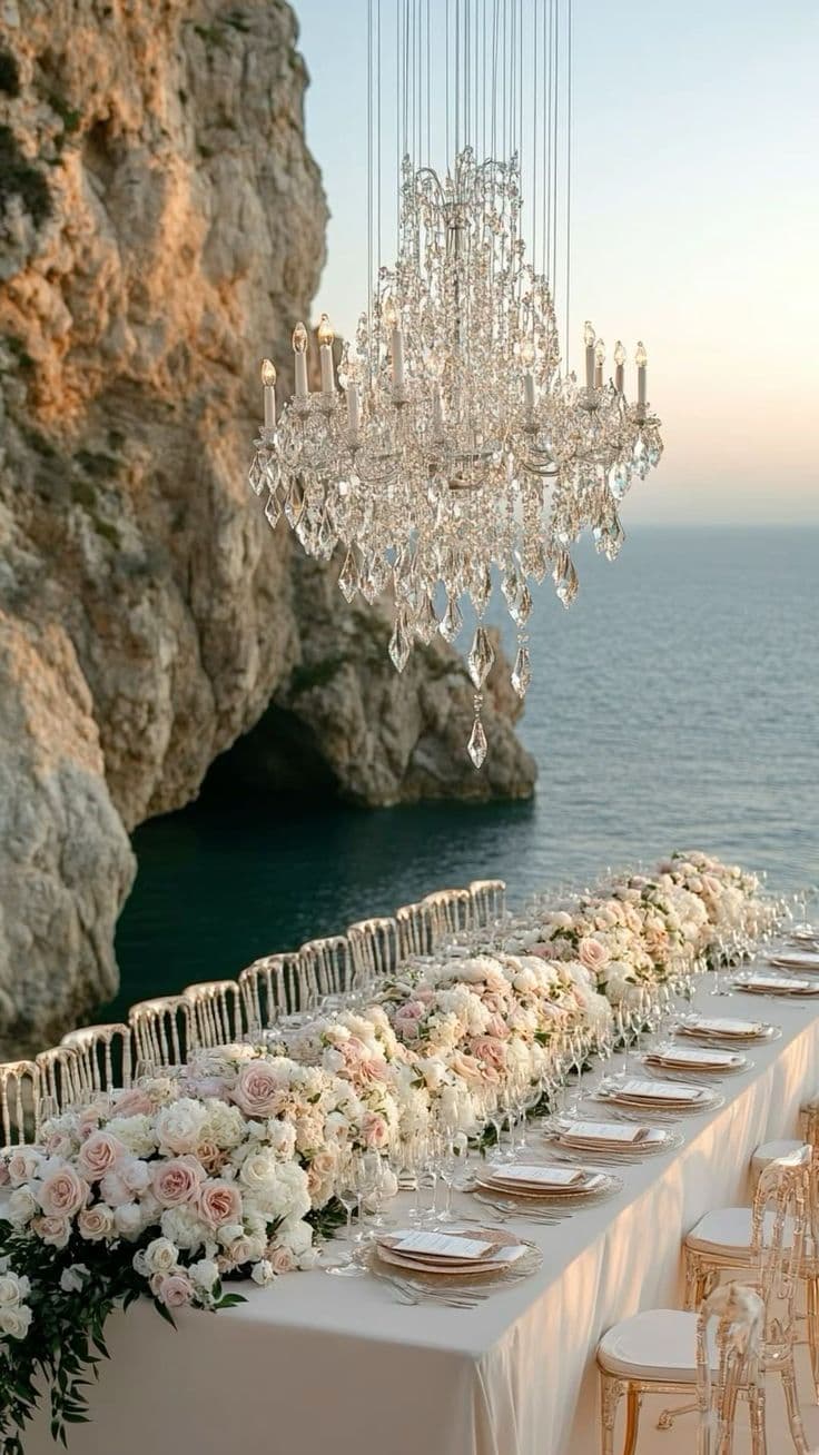 A long candlelit table in a seaside grotto beneath a chandelier
