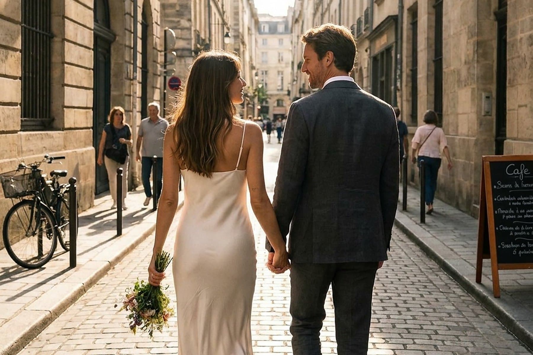 A couple walking away down a cobbled street, her arm through his