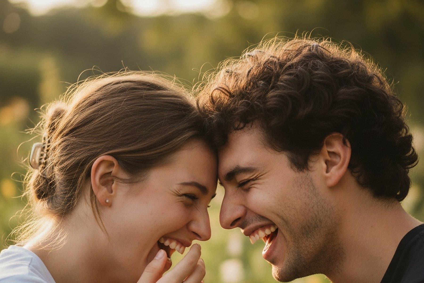 A couple laughing, foreheads together, in a garden