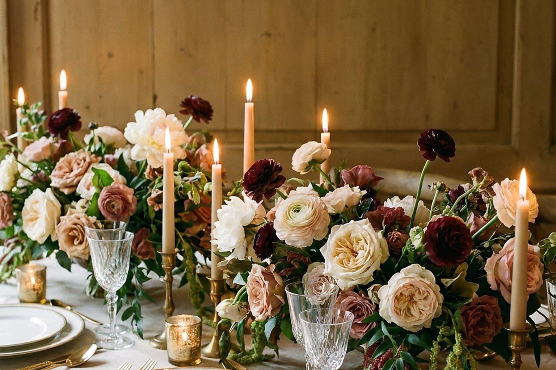 A dinner table set with candles and pale roses