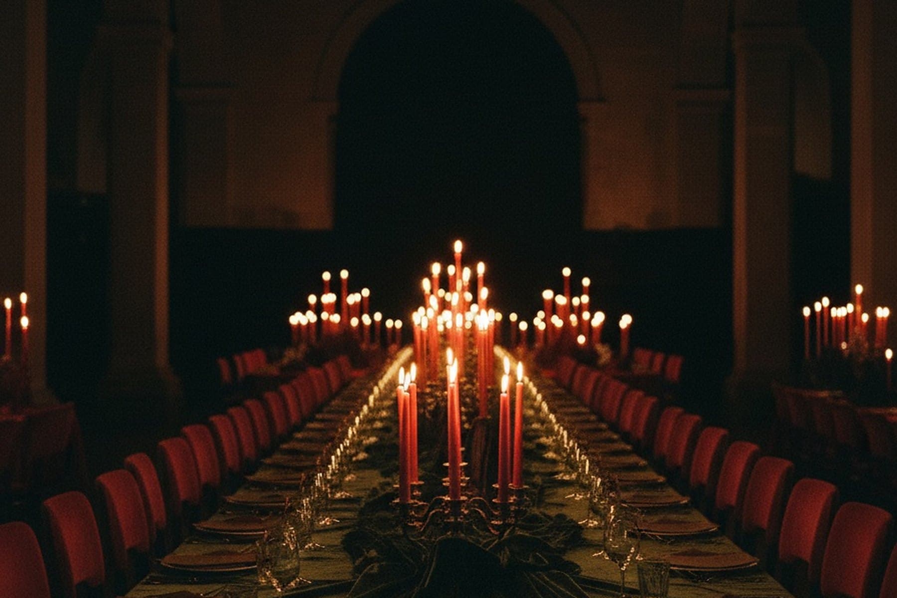 A long candlelit dinner table in a dark room