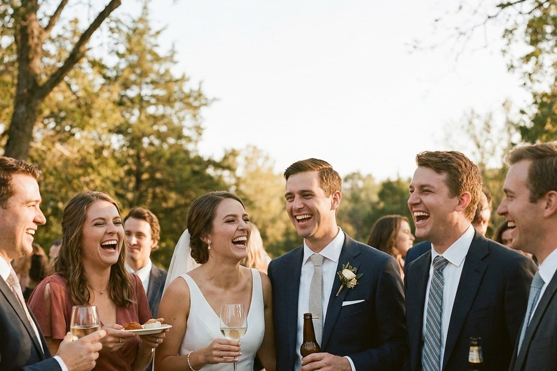 Wedding guests raising glasses under trees in a garden
