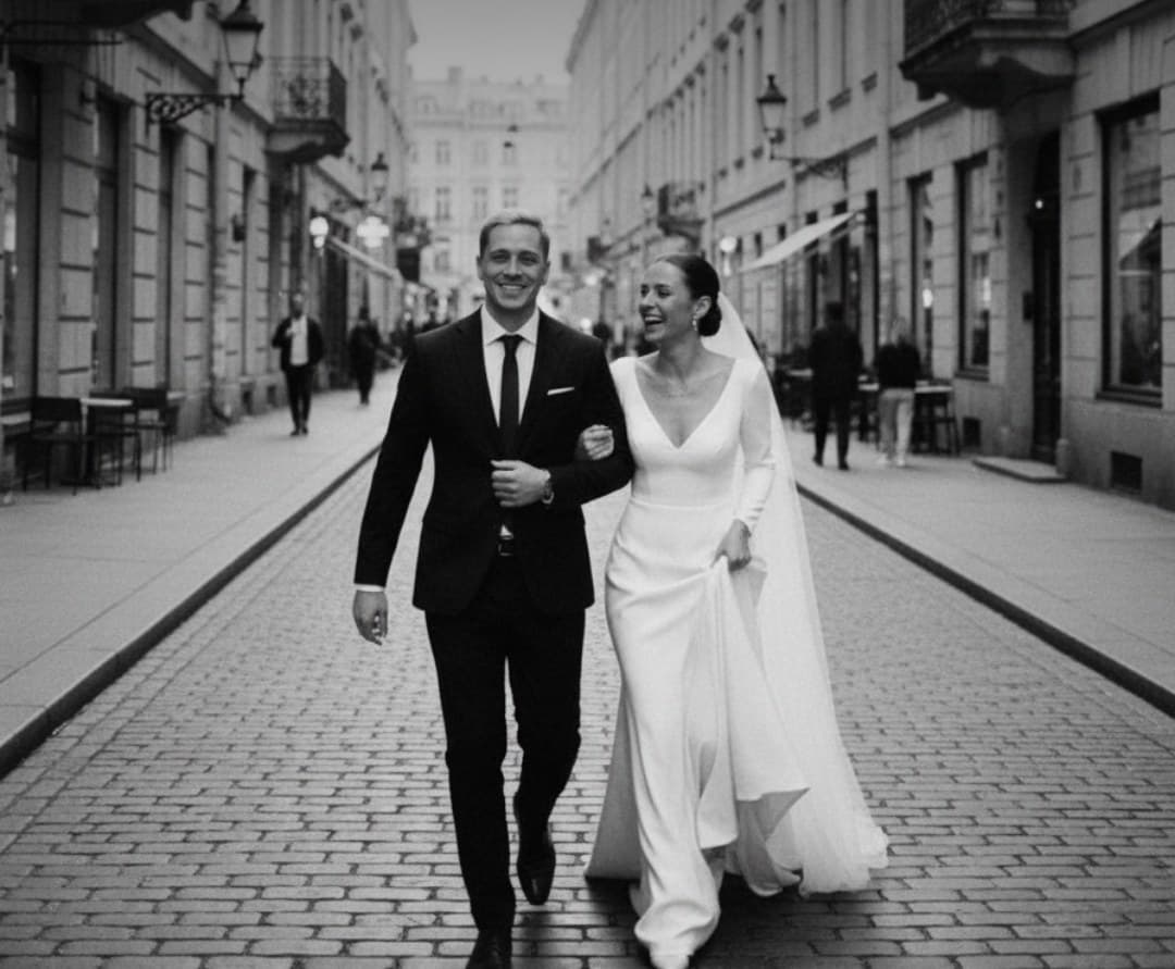 A couple walking a cobbled street after their ceremony