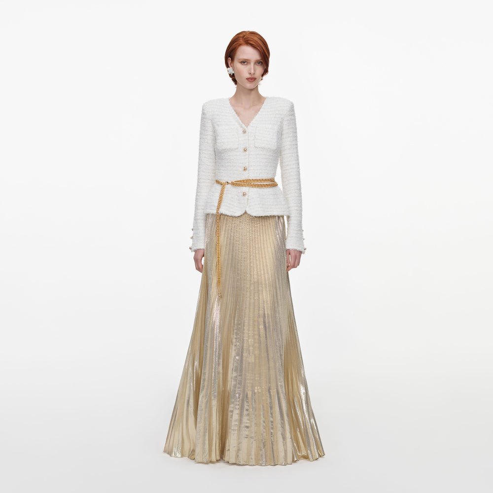 Self-Portrait Textured knit metallic chiffon maxi dress, cream