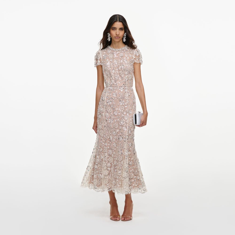 Self-Portrait Sequin embellished midi dress, cream