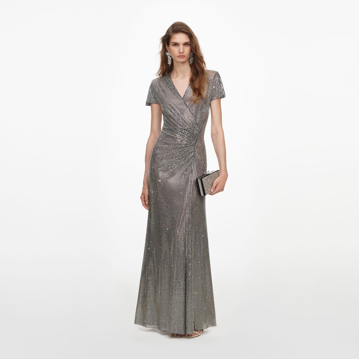 Self-Portrait Rhinestone mesh wrap maxi dress, grey