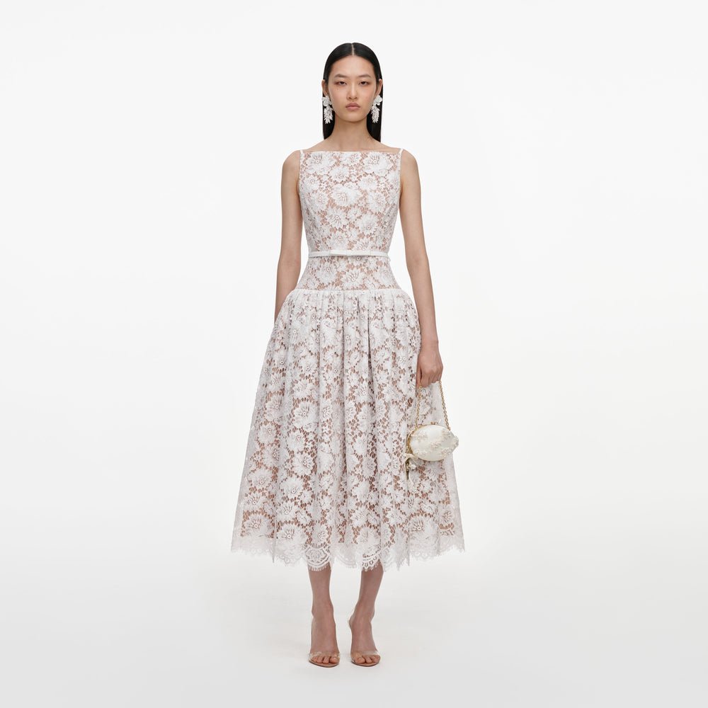 Self-Portrait Lace flared midi dress, white