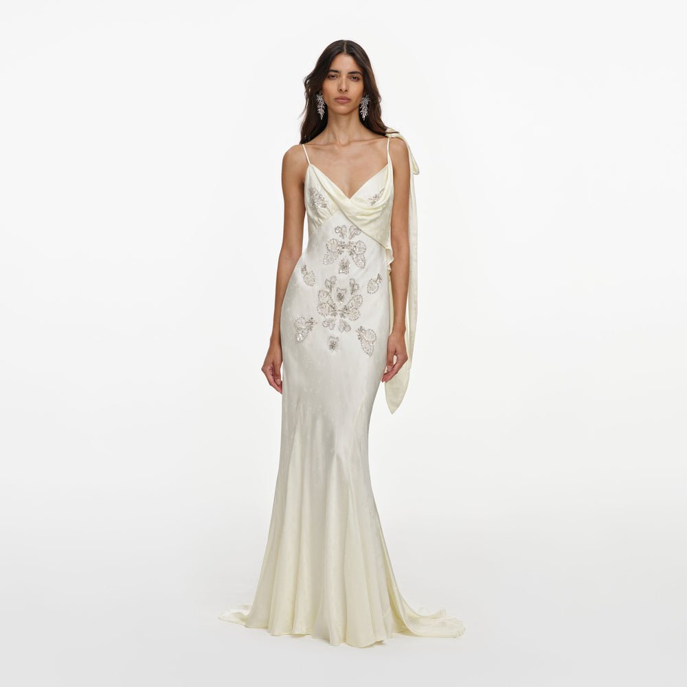 Self-Portrait Satin jacquard embellished maxi dress, cream