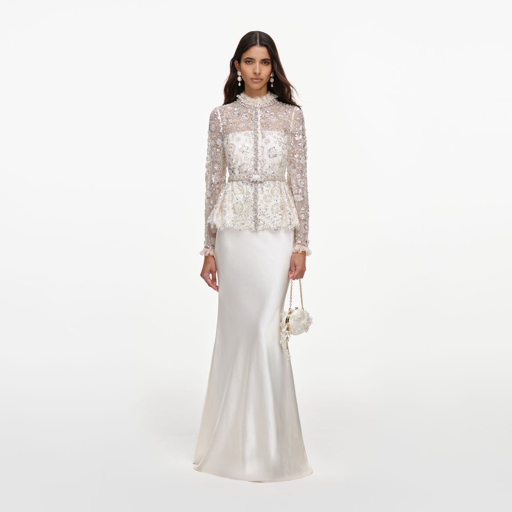 Self-Portrait Sequin embellished satin maxi dress, cream