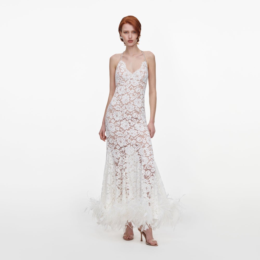 Self-Portrait Fine lace feather maxi dress, white
